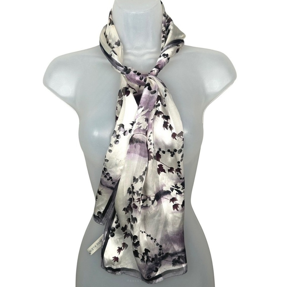 Anne Klein Silk Chiffon Scarf Women's Gray Plum Floral Vine Striped Oblong 52"